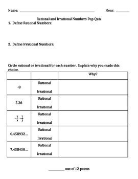 Identifying Rational and Irrational Numbers Quiz by HGmrsLong | TpT