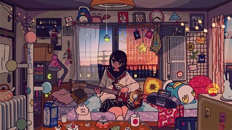 Free download Anime Girl Playing Guitar Student Room 4K Wallpaper ...