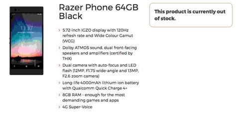 Razer Phone Listing Outs Specs Like a 5.72" 120Hz Display, 4000mAh ...