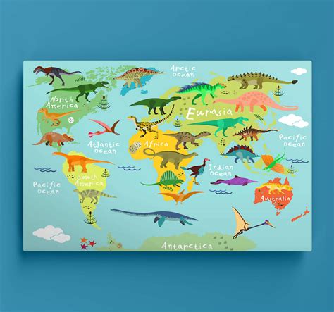 Dinosaurs world map canvas wall art for children - TenStickers