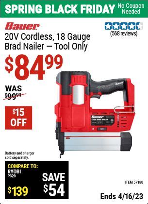 BAUER 20v Cordless 18 Gauge Brad Nailer for $84.99 | Brad nailer, Harbor freight tools, Harbor ...