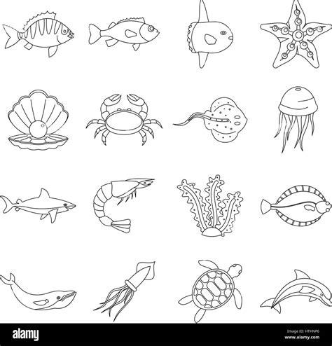 Sea animals icons set. Outline illustration of 16 sea animals vector ...