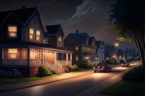 Premium Photo | Suburban neighborhood street at night with residences