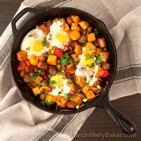 Sweet Potato Breakfast Hash with Sausage, Bacon and Eggs - The Unlikely ...