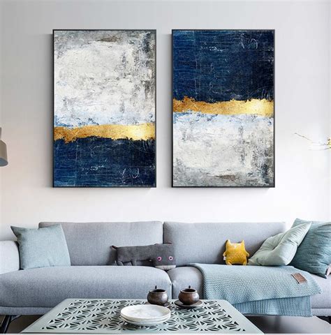 Modern Vintage Abstract Wall Art Golden Blue Gray Block Contemporary F ...