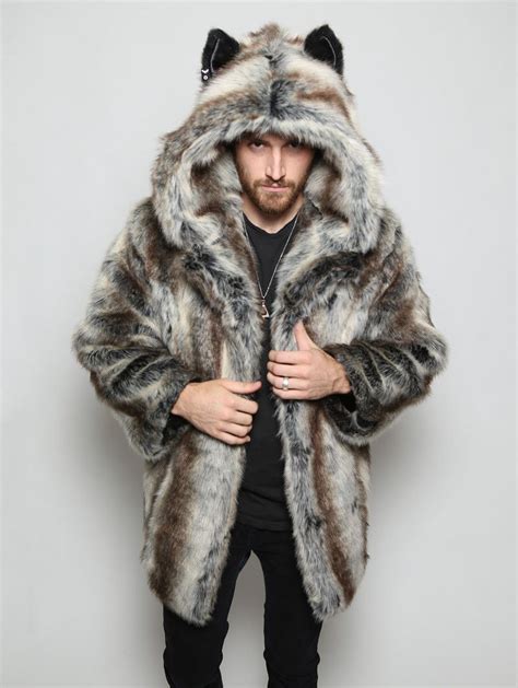 Classic Grey Wolf Faux Fur Coat | Mens fur coat, Mens outfits, Fur coat