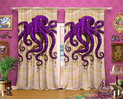 Purple Octopus Curtains, Beach & Seaside Window Drapes, Sheer and Blackout, Single and Double ...