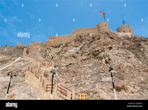 Muscat, Oman - 04.04.2018: Low angle shot of medieval Arabian fort in ...