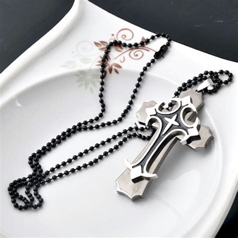 Men's silver cross black layered christian necklace - Cross Pendants