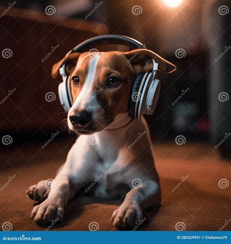 Cute Dog Listening To Music with Headphones. Generative Ai Stock ...