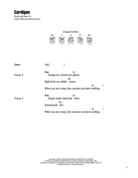 cardigan Sheet Music | Taylor Swift | Guitar Chords/Lyrics