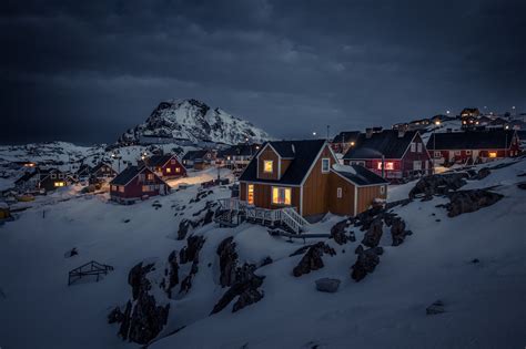 Greenland, Night, House, Landscape, Lights, Town, Snow, Overcast ...