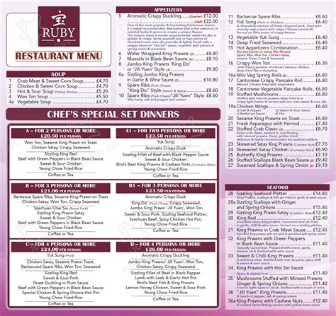 Menu at Ruby Cantonese Restaurant, Stourbridge