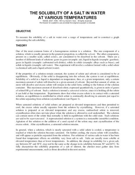 The Solubility of a Salt in Water at Various Temperatures Lesson Plan ...