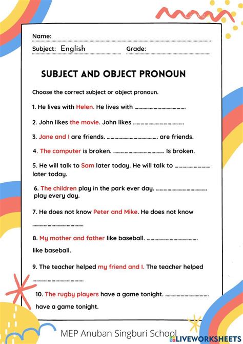 Subject & Object Pronouns - 4 worksheets - Grades 4-5-6 - Great practice! - Worksheets Library