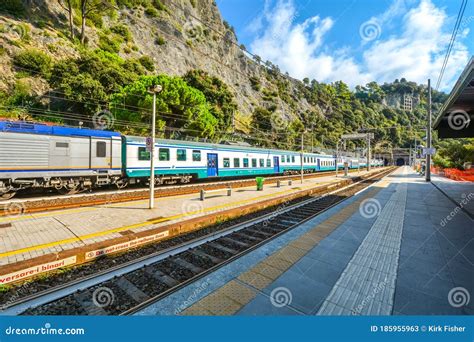 A Train Travels through the Monterosso Al Mare Train Station on the Coast of Cinque Terre, Italy ...