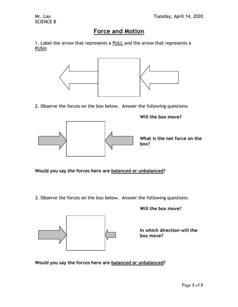 Force and Motion Worksheet