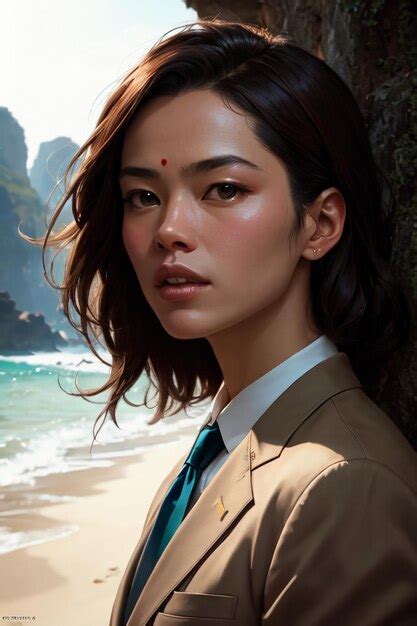 Premium AI Image | A woman in a brown suit and a blue tie stands in front of a beach.