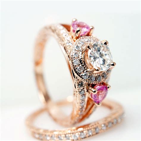 Vintage Style 14k Rose Gold Diamond Engagement Ring w/ Pink