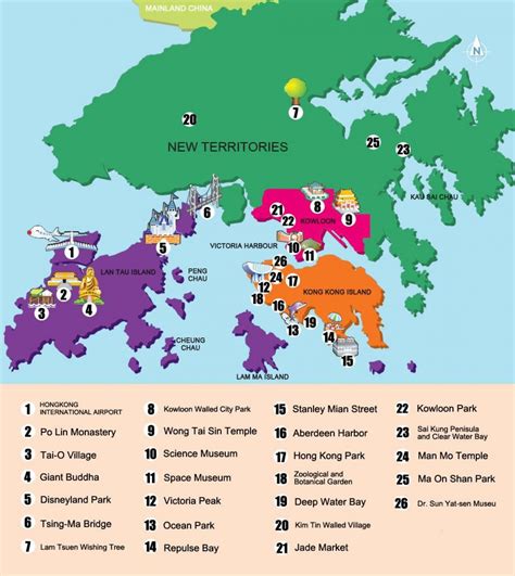 Map of Hong Kong tourist: attractions and monuments of Hong Kong