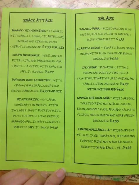 Menu at Big D's Downtown Dive restaurant, Roswell