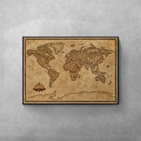 World Map Poster, Middle Earth Style Map, Illustrated Large World Map ...