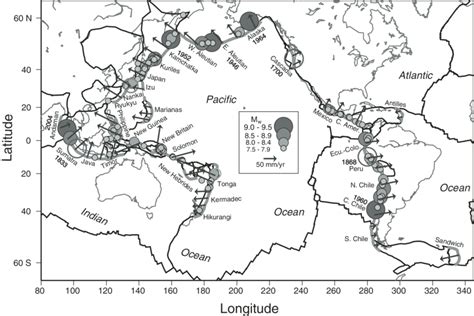 Map of world's major subduction zones (thick gray lines) and tectonic... | Download Scientific ...