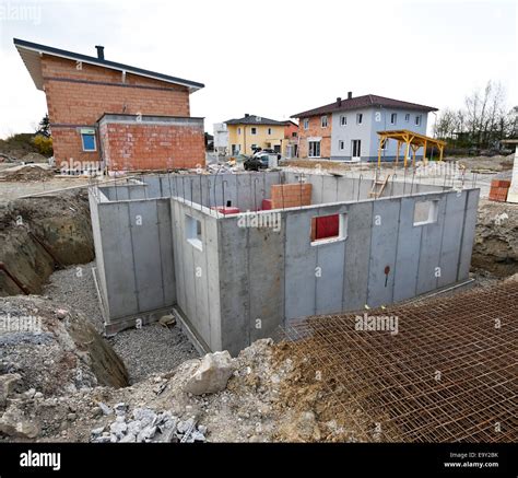 Basement construction of a residential house. Cellar of a single-family ...