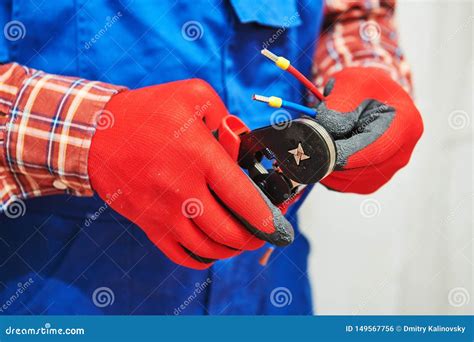 Electrician Work with Cable. Crimping Pliers in Use Stock Photo - Image of cable, maintenance ...