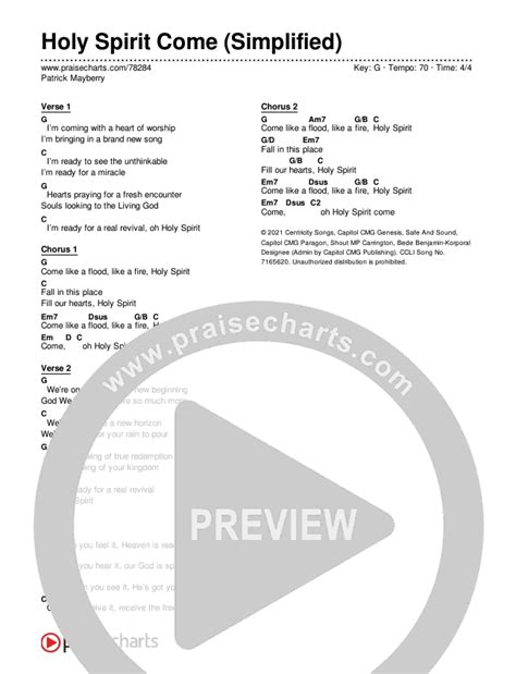 Holy Spirit Come (Simplified) Chords PDF (Patrick Mayberry) - PraiseCharts