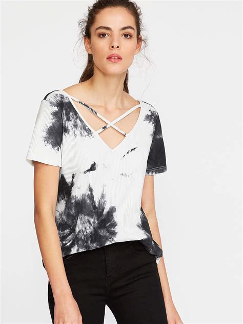 Black White Tie Dye Print Crisscross V Neck Ribbed T-shirt -SheIn ...