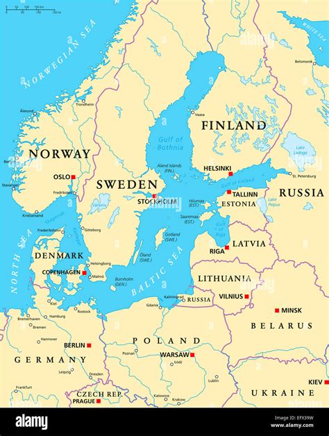 Baltic Sea Area Political Map with capitals, national borders ...