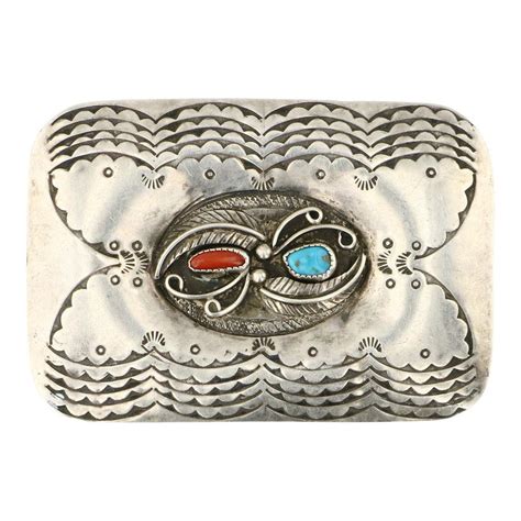 Lot - Vintage Navajo Turquoise & Coral Belt Buckle