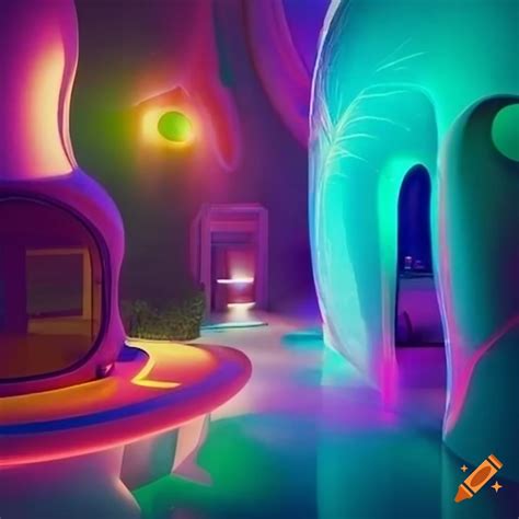 Nighttime view of a futuristic superadobe house interior