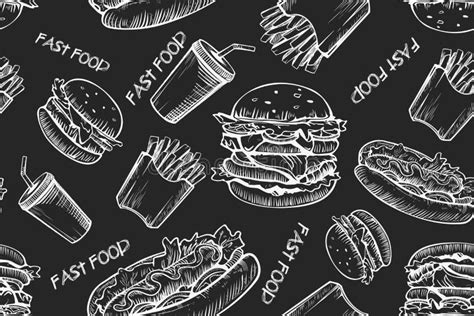 Burgers Seamless Pattern Background. Hand Drawn Hamburger and French ...