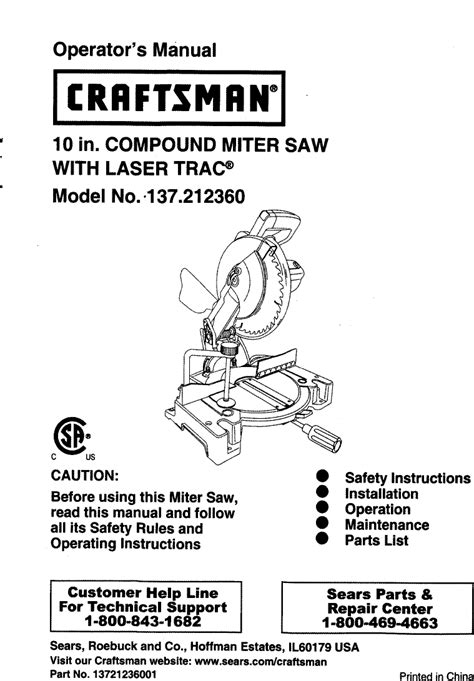 Craftsman 137212360 User Manual MITER SAW Manuals And Guides L0911449