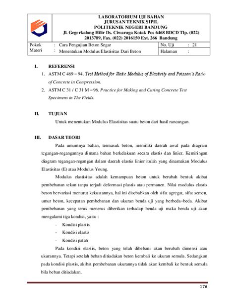 (PDF) RANCANGAN BETON TULANGAN: Job 21. Menentukan Modulus Elastisitas Dari Beton | Deasy Monica ...