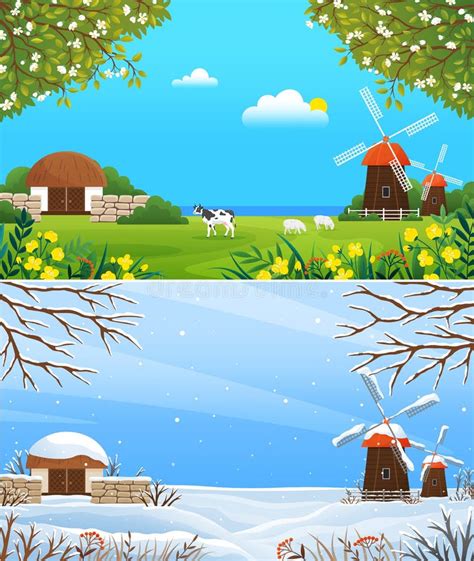 Farm Landscape with Livestock in Sunny and Snowy Weather. Farmland with ...