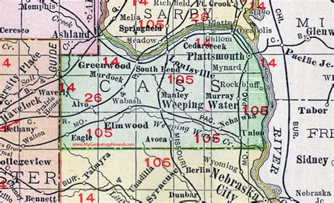 Cass County, Nebraska, map, 1912, Plattsmouth, Louisville, Weeping Water, Elmwood, Greenwood ...