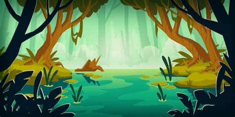 Paisaje con pantano en bosque lluvioso | Vector Gratis