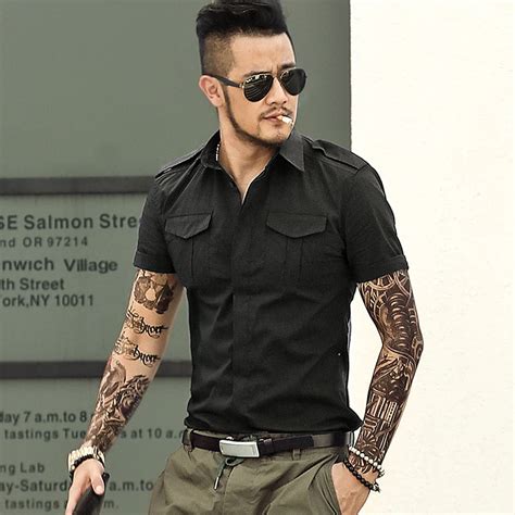 Summer cotton army green military uniforms men's badges short sleeved ...