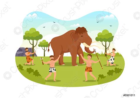 Prehistoric Stone Age Tribes Hunting Large Animals with Weapon in ...