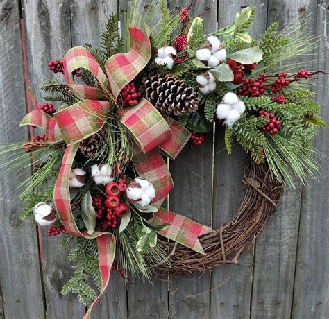 Holiday / Christmas Wreath / Grapevine Berry Wreath with Rustic Plaid ...