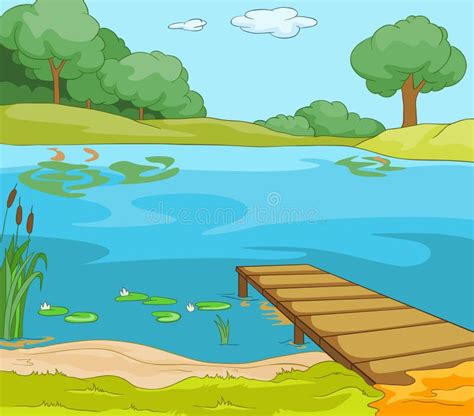 Cartoon Background of Forest Lake with Pier. Stock Illustration - Illustration of lawn, pond ...