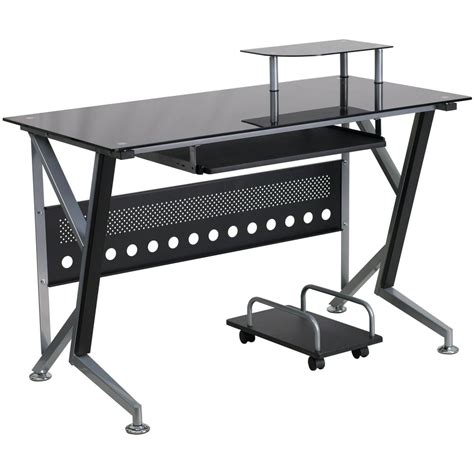 Flash Furniture Black Glass Computer Desk with Pull-Out Keyboard Tray and CPU Cart - Walmart.com ...