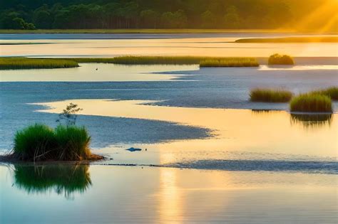 Premium Photo | A sunset over a marsh with a tree in the foreground