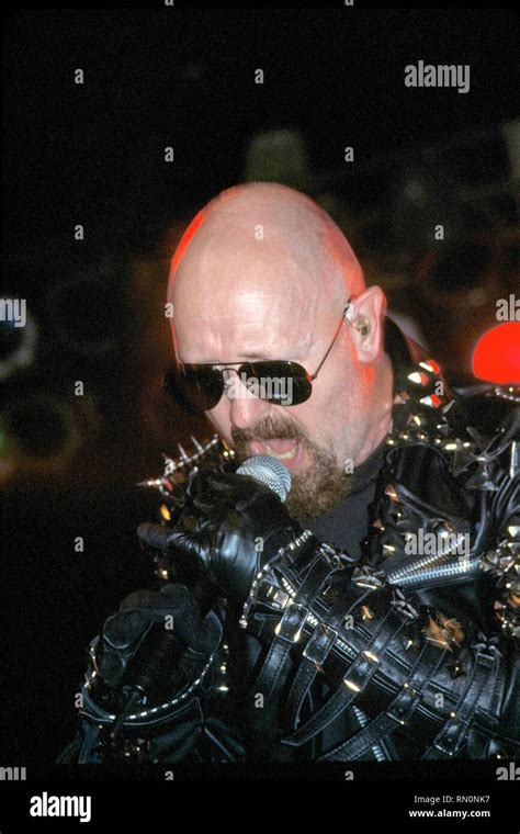 Singer Rob Halford is shown performing on stage during a live concert with his solo band "Fight ...