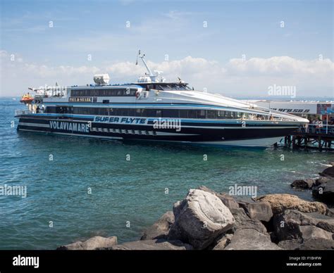 Ferry moored at Marina Piccola in Sorrento, Italy taking holiday makers to the island of Capri ...