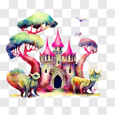 Download Vibrant Castle Painting with Animals and Nature PNG Online - Creative Fabrica