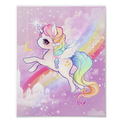 Cute kawaii pastel unicorn with rainbow and castle poster | Zazzle.com in 2020 | Unicorn ...